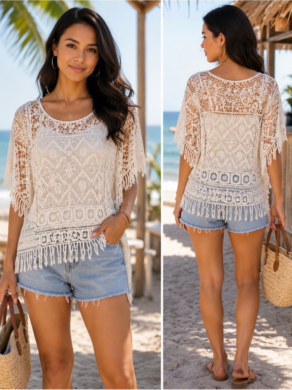 Chico's Cream Crochet Fringe Pullover Top